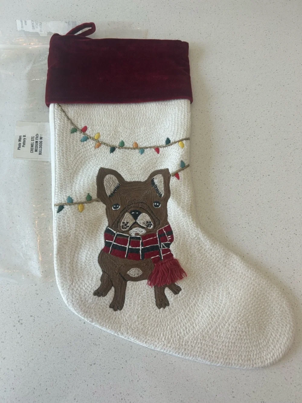 Pottery Barn Festive Icons Crewel Stocking Frenchie French Bulldog